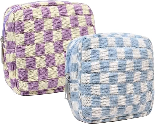 2 Pieces Makeup Bag Small, Mini Checkered Make Up Bag Travel Cute Cosmetic Bags for Women Preppy Makeup Pouch for Purse 