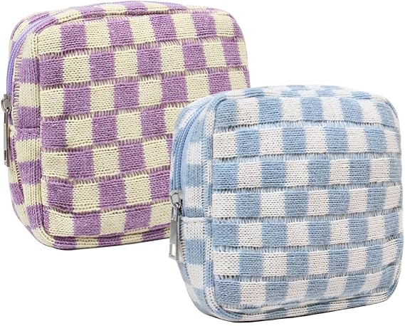 2 Pieces Makeup Bag Small, Mini Checkered Make Up Bag Travel Cute Cosmetic Bags for Women Preppy Makeup Pouch for Purse 