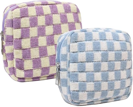2 Pieces Makeup Bag Small, Mini Checkered Make Up Bag Travel Cute Cosmetic Bags for Women Preppy Makeup Pouch for Purse 