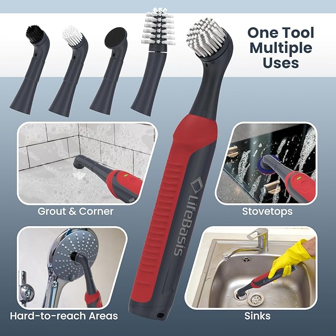 LifeBasis Rechargeable Power Scrubber 11-Piece Kit, Cordless Electric Cleaning Brush, IPX7 Waterproof Electric Grout Brush for Home, Kitchen, Bathroom, Grout, Tile, Shower, Tub, Red