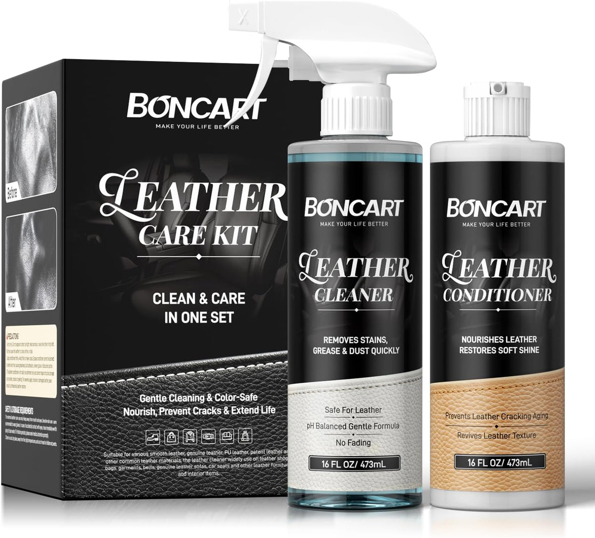 Leather Cleaner & Conditioner Kit for Cars & Home, 2x16 oz (2 IN 1)