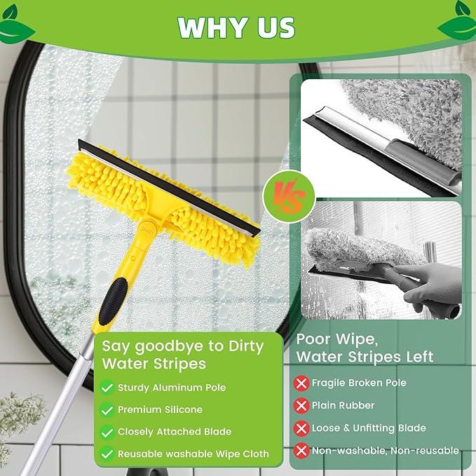 45'' Long Reach Window Squeegee with Telescoping Extension Pole, 2-in-1 Indoor/Outdoor Cleaning Tool with 270° Rotatable Head, Lightweight Alloy Aluminum Pole for Shower Door, Mirror, Car Windshield
