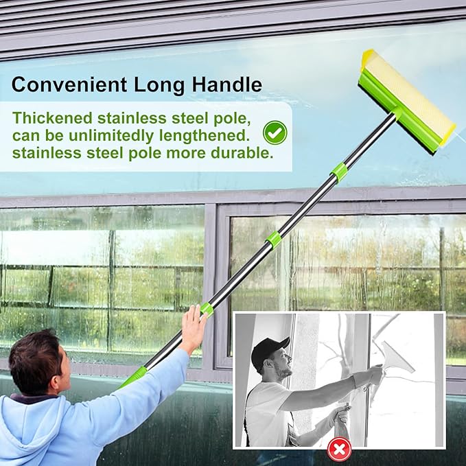Window Squeegee, Squeegee for Window Cleaning, 2 in 1 Squeegee Window Cleaner with 58'' Long Handle,Window Washing Kit with Extension Pole for Shower, Windshield, Mirror, Gas Station, Glass