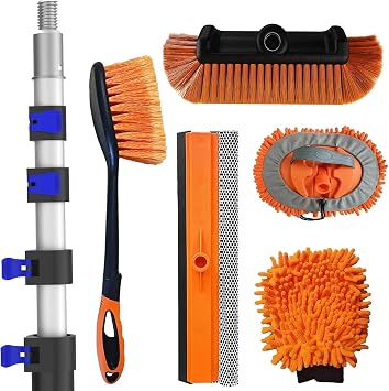 26Ft Reach Car Wash Kit with 5-20FT Telescopic Extension Pole, Car Wash Brush with Long Handle, Wheel Tire Brush, Car Wa