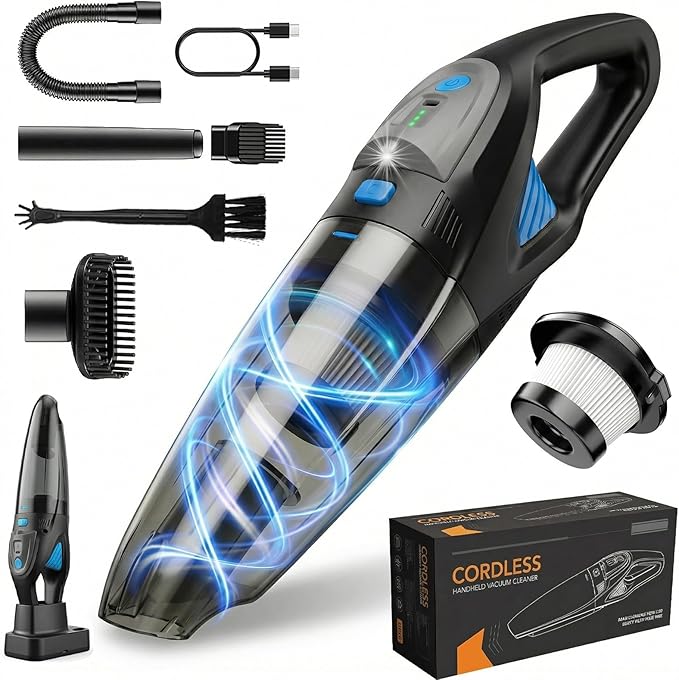 Handheld Vacuum Cordless, 25000Pa Powerful Suction Car Vacuum Portable Cordless with 8000mAh Battery & LED Light, Hand Held Vacuum Rechargeable with HEPA Filters, Home, Car Seats, Pet Hair Blue