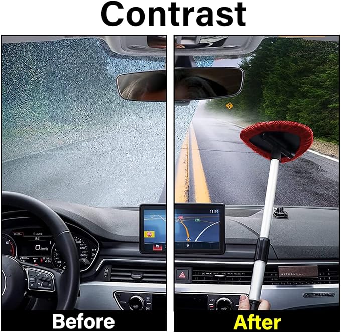 Windshield Cleaning Tool, Car Window Cleaner with 4 Washable Reusable Microfiber Pads, Extendable Long Handle Glass Wiper Cleaning Kit, Auto Accessories Universal for Office and Home (Red)