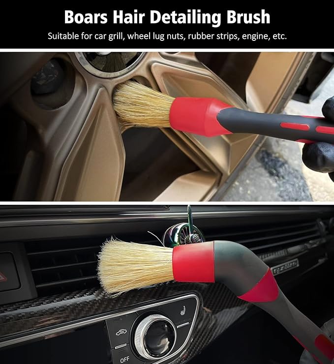 YeewayVeh 4Pack Car Wheel Cleaning Kit, Bendable Wheel Brush and Microfiber Rim Cleaner Brush, Tire Brush and Car Detailing Brush, Soft & No-Scratch Car Wheel Rim Brush Set for All Wheel Types, Red