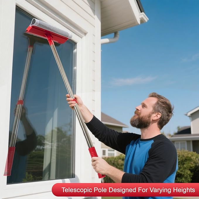 Professional Standard Window Squeegee,2-in-1 Window Cleaner Sponge and Soft Rubber Strip with Retractable Stainless Steel Handle(15.3"-23.6") for Gas Station, Glass,Shower,Outdoor Window Cleaning