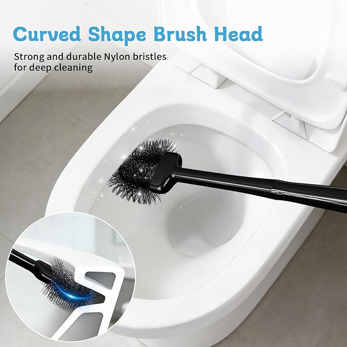 Sellemer Toilet Brush and Plunger Set, Curved Design Head for Deep Cleaning, Heavy Duty Toilet Bowl Brush and Plunger Combo with Holder for Bathroom Cleaning, Black, 1 Pack