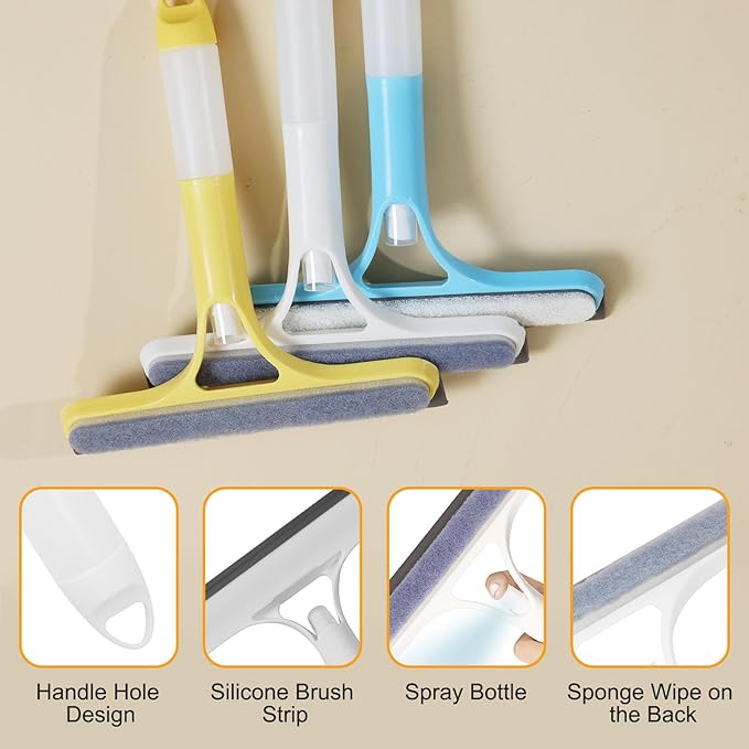 Pro 3 in 1 Window Cleaning Scraper, with 2 Replaceable Cleaning Cotton Strips 3 in 1 Spray Squeegee, Window Squeegee, Suitable for Cleaning Bathroom Glass, Mirrors, Car Windows (Yellow)