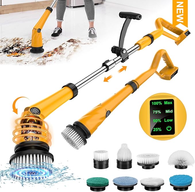 1500 RPM Electric Spin Scrubber for DeWalt 20V Battery, Power Shower Scrubber for Bathroom/Floor/Bathtub/Toilet/Tile,Electric Cleaning Brush with Long Handle & 8 Replaceable Brush (Yellow)