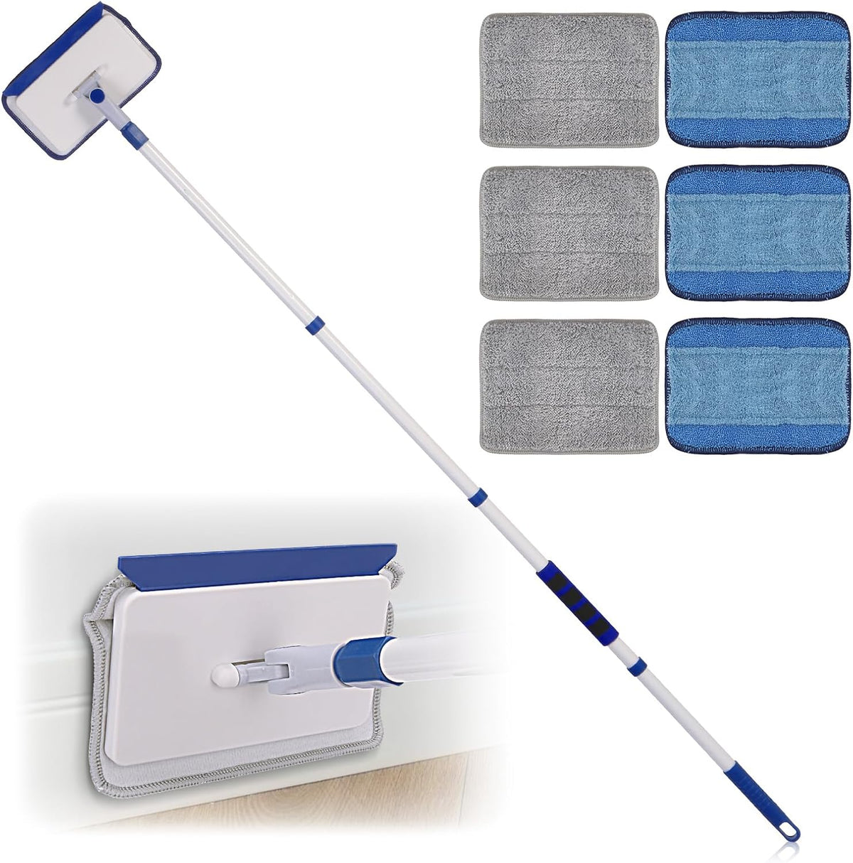 Baseboard Cleaner Tool with Handle, Wall Floor Mop with Extendable Long Handle Duster for Cleaning Window, Floor, Skirting Board, Ceiling, Shower, Tub Tile, Kitchen with 6 Reusable Pads