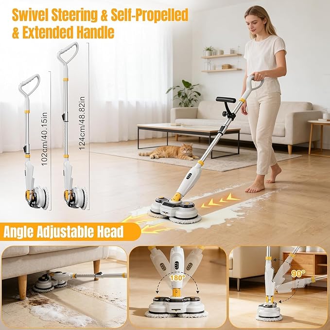 Cordless Electric Mop for Dewalt 20V Battery (NO Battery), 2 in 1 Spin Mop & Electric Floor Scrubber Machine with LED Light & Water Spray, 800 RPM Rotating Electric Mops for Floor (White Yellow)