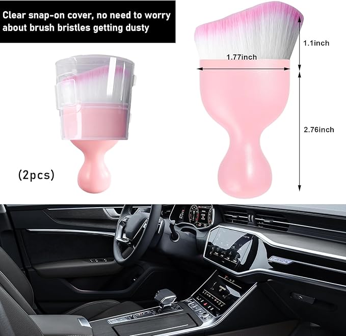 Ziciner 2 PCS Car Detailing Brush, Curved Soft Bristles Auto Removal Dust Collectors, Universal Vehicle Dashboard, Air Conditioner Vents etc Interior Cleaning Tool Accessory (Pink/Pink)