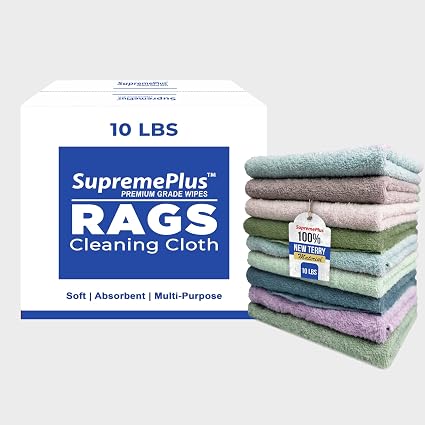 Premium Color Terry Cloth Rags - (10 lbs. Box) Super Absorbent Cotton Towel Cleaning Cloths for Garage, Industrial Use &