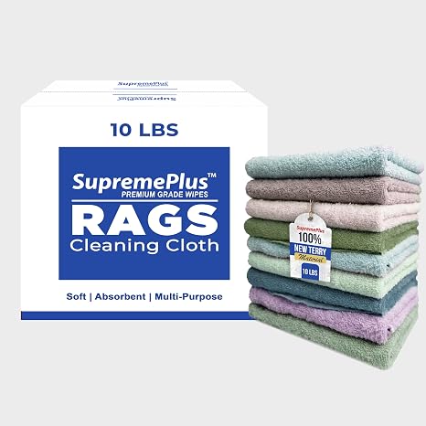 Premium Color Terry Cloth Rags - (10 lbs. Box) Super Absorbent Cotton Towel Cleaning Cloths for Garage, Industrial Use &