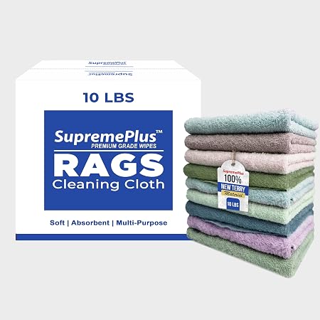Premium Color Terry Cloth Rags - (10 lbs. Box) Super Absorbent Cotton Towel Cleaning Cloths for Garage, Industrial Use &