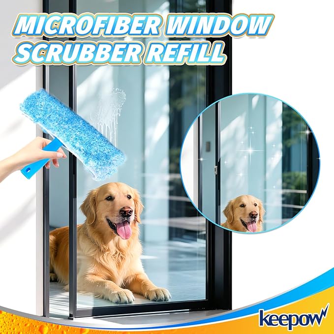 KEEPOW 10" Professional Microfiber Window Scrubber Refill Replacement Compatible with MR.SIGA, Compatible with Ettore Window Cleaning Tools, Reusable & Washable Window Squeegee for Home (2 Pack)