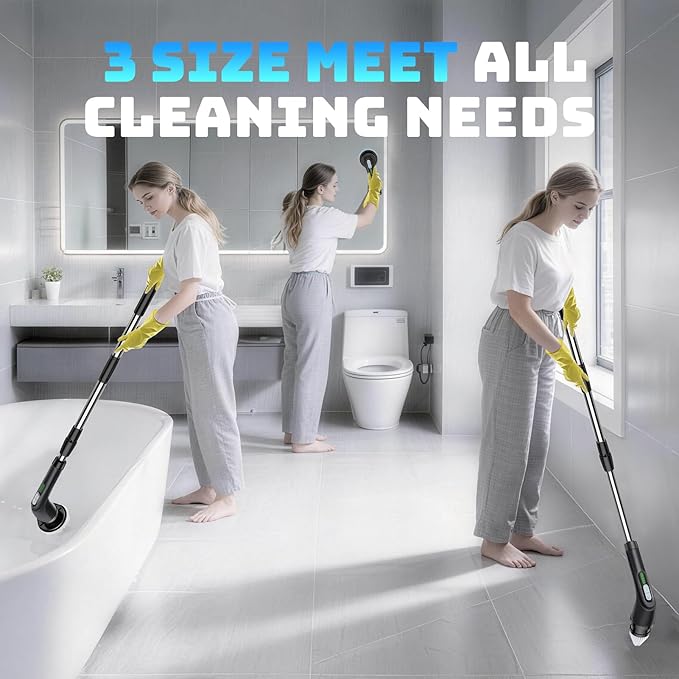 Highyes Electric Spin Scrubber, Powerful 2-Speed Cleaning Brush, IPX7 Waterproof with 7 Reusable Brush Heads & Extendable Handle, for Bathroom Toilet Shower Kitchen Wall Tile Floor Grout (Black)