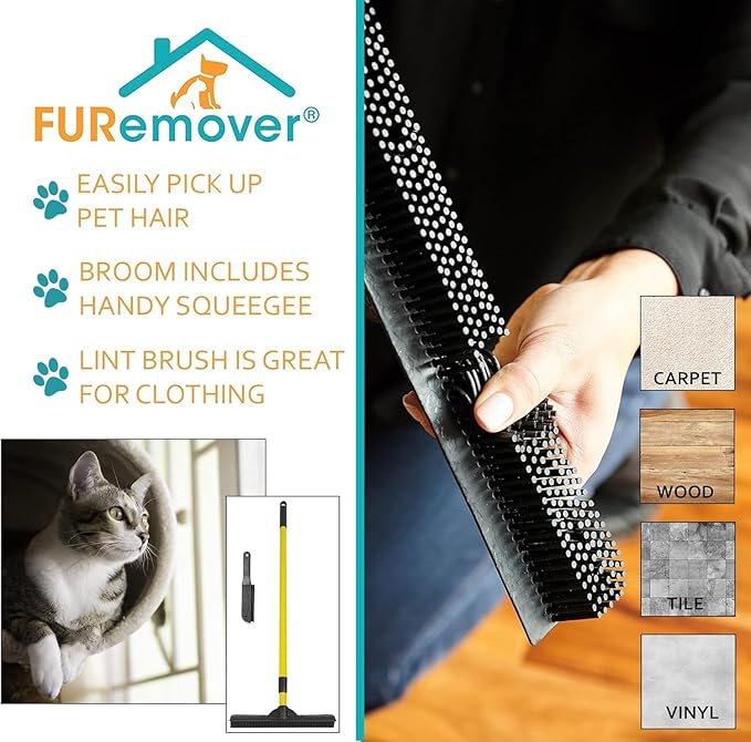 FURemover Pet Hair Removal Rubber Broom, 58" Telescopic Handle with Lint Brush
