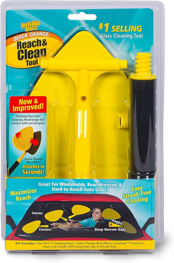 Invisible Glass 95160 Reach & Clean GlassWindshieldCleaner ToolKit With ExtendableHandle, ReusableQuickChange Microfibers,StorageBag for AutoWindshield,Trucks, SUVs, RVs,Windows (Pack of 4)
