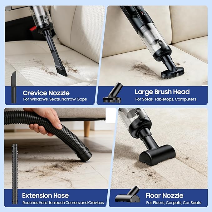 Car Vacuum Portable Cordless, 17000Pa Vacuum Cleaner with Brushless Motor, 2-in-1 Handheld Vacuum Cordless with Multi-Nozzles & Washable Filters, 2 Suction Modes for Home, Car, Office, Pet Hair