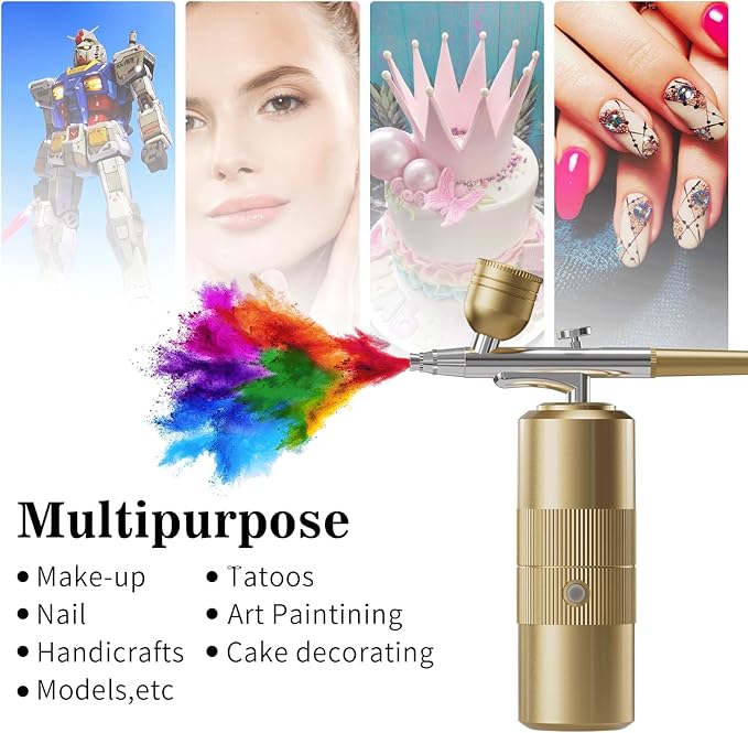 Airbrush Kit with Compressor Portable Airbrush Kit 48PSI High-Pressure Non-Clogging Air Brush Set Cordless Rechargeable with 0.3mm Nozzle and Cleaning Brush for Painting,Nail Art, Makeup (Gold)