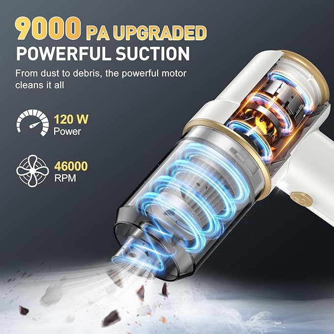 KMM Handheld Car Vacuum Cleaner, 9000PA Vacuum Cleaner & Air Duster, 120W High Power Vacuum Portable Cordless, Hand Held Vacuum Rechargeable with Multi-Nozzles & LED Light for Home, Car, Office