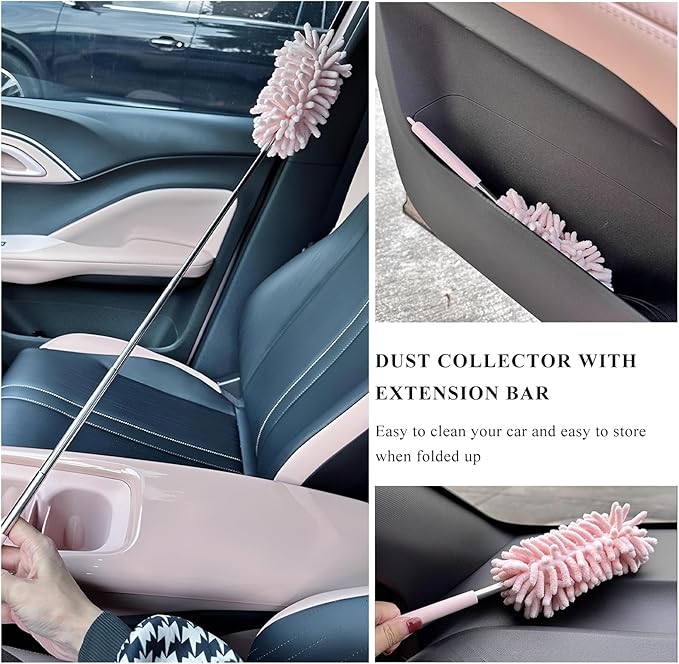 2PCS Car Interior Duster with Extension Pole, 11.8" to 30.5" Retractable Dusters Auto Dash Cleaning Tool, Soft Chenille Hand Washable Dusters for Car Window Furniture Office (Khaki)
