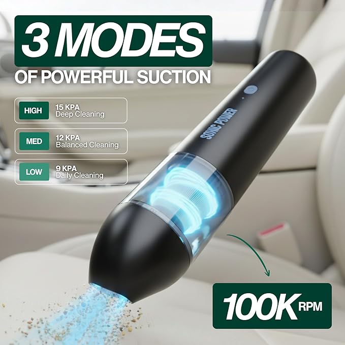SonicPower Portable Cordless Car Vacuum, 15000Pa High Suction Handheld Vacuum Cleaner, 2-in-1 Vacuum & Blower, with 4 Attachments & Portable Storage Bag for Car, Home, Pet & Office (Black & Blue)