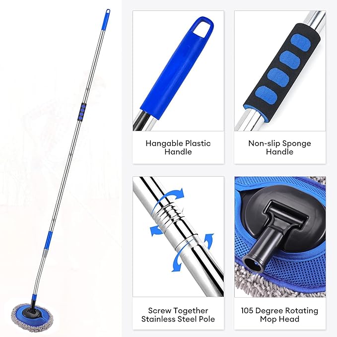 Wall Cleaner, Max 66'' Wall Mop with Long Handle, Ceiling Dust Mop with 15° Labor-Saving Elbow Extension Pole, Baseboard Duster Washer Scrubber, High Reach Window Cleaning Brush, Roof Cleaning Tool-GY