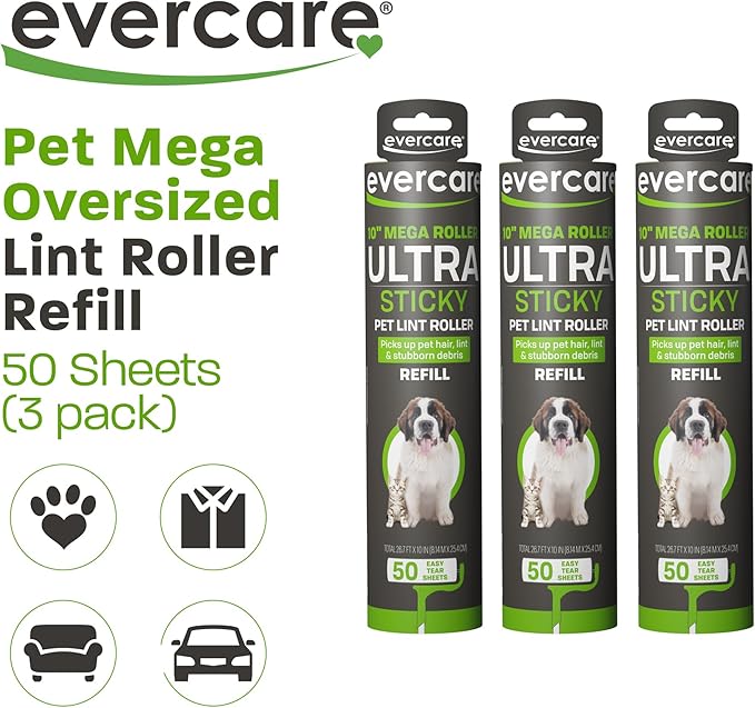 Evercare Pack of 3 All-Purpose Pet Mega Oversized Lint Roller Refills, 50 Sheets Each