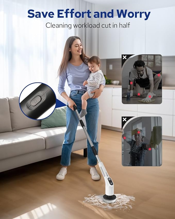 Benlari Electric Spin Scrubber for Cleaning Bathroom - Upgraded Dual Switch Cleaning Brush - IPX7 Waterproof Power Scrubber with 7 Brush Heads, Extended Handle and 2 Speeds for Shower Bathtub Floor