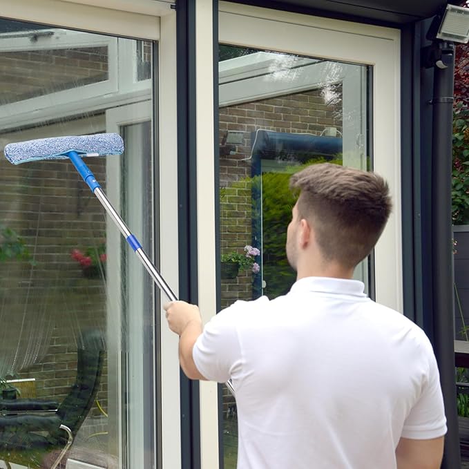 Window Cleaning Kit for Home and Commercial Use, 6 Ft Long Handle Professional Glasses Cleaner Squeegee with 3 Gallon Bucket and Spray Bottle and Scrubber, Car Windshield Washing Tool