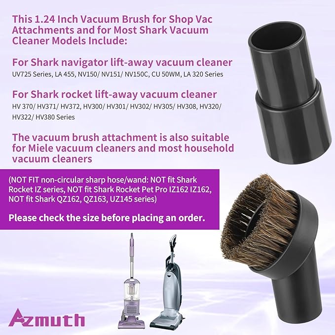 Vacuum Attachments & Brushes, Horsehair Round Brush with 1-1/4 to 1-3/8 Inch Vacuum Hose Adapter, Vacuum Brush Attachment for Shark and Shop Vac Attachments and Most Household Vacuum Cleaners