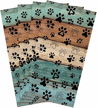 Dog Paws Prints Kitchen Towels 4 Pack, Rustic Teal Dish Towels for Kitchen, Farmhouse Turquoise Wood Absorbent Microfibe