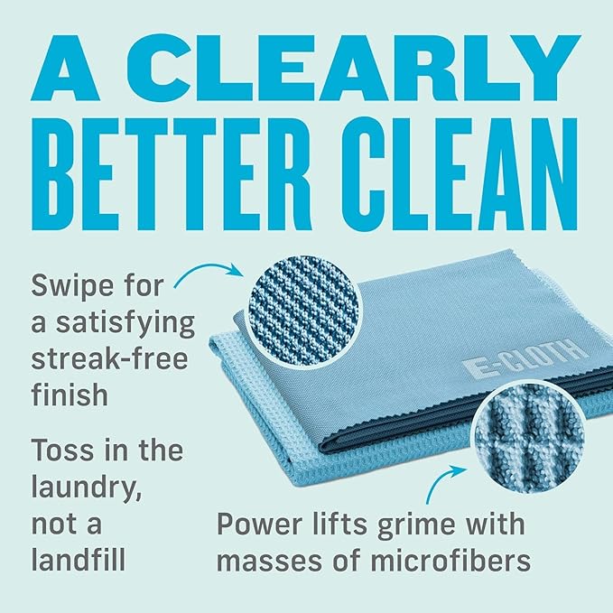 E-Cloth Window Cleaning Cloth Kit - Reusable Durable Towels, Washable & Long Lasting, Glass Cloth for Windows, Mirrors, Cars, Lenses & Screens, Streak Free Shine, Microfiber - Alaskan Blue