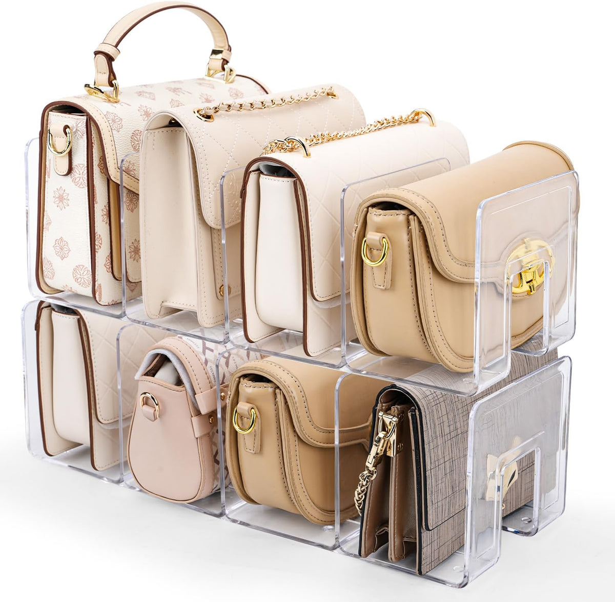 2 Pack Acrylic Purse Organizer for Closet, 8-Slot Bag & Purse Organizer, No Assembly, Clear Handbag Storage Shelf.for Shelf Divider Handbags, Clothes, Sweater
