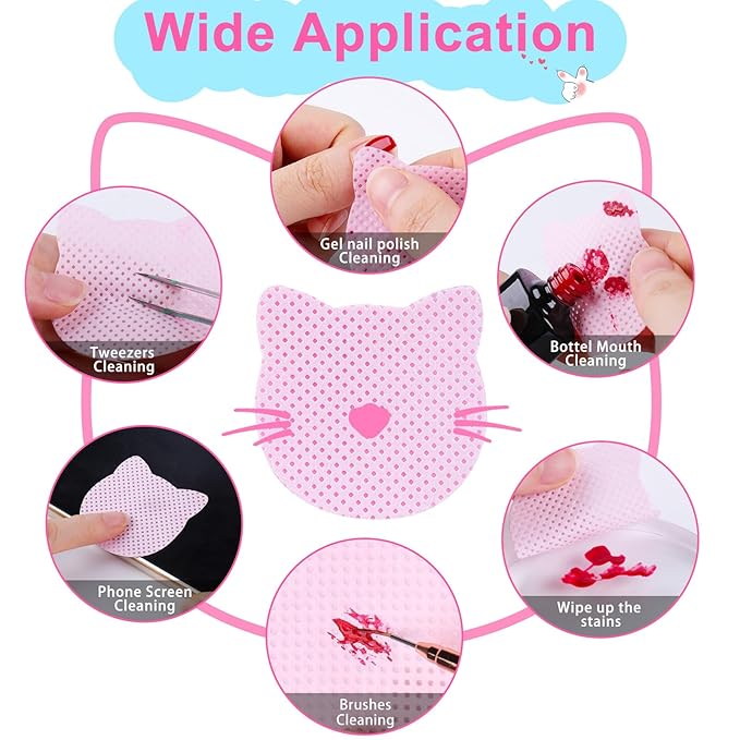 MEKK Lint Free Nail Wipes with Acetone Dispenser Set 400PCS Cat-Shaped Lint Free Wipes with 200ml Anti-Corrosion Empty Push Down Pump Dispenser Bottle for Acetone,Alcohol,Nail Polish Remover,ect