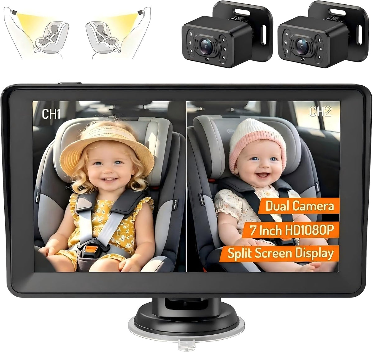 7 inch HD 1080P Split Screen Baby Car Camera for 2 Kids