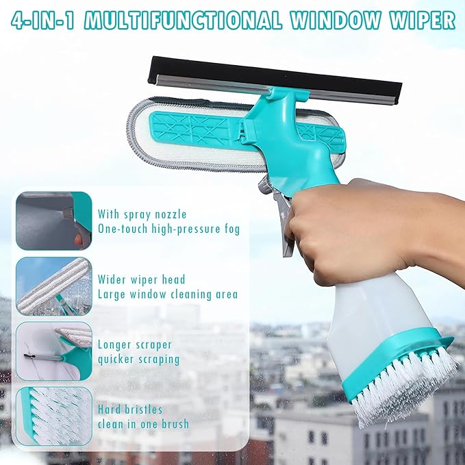 4 in 1 Window Cleaner Tool with Squeegee & Sprayer, 10" Streak-Free Scraper Kit, Portable Multifunction Refillable Bottle for Glass/Shower/Car (Blue)