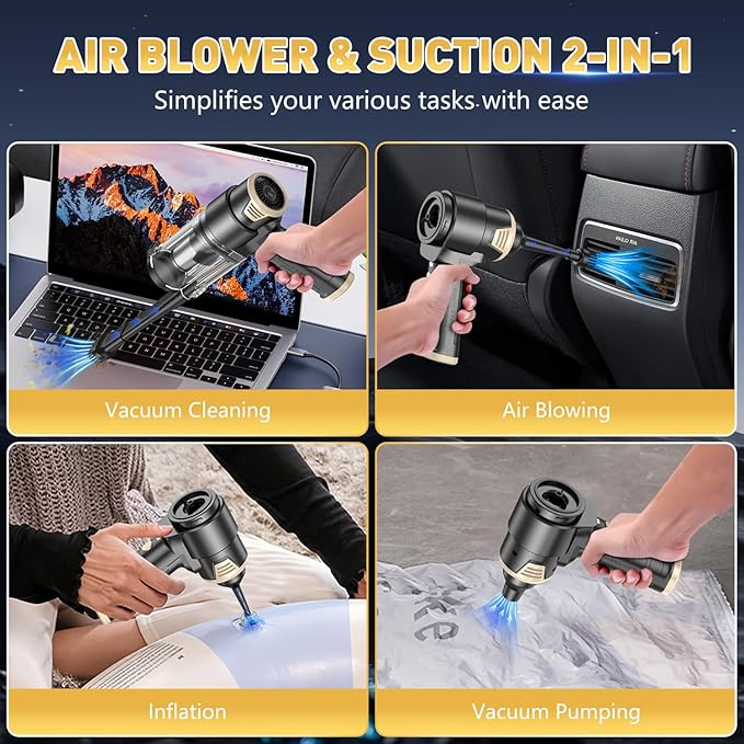KMM Handheld Car Vacuum Cleaner, 16000PA Air Duster & Vacuum Cleaner, 120W High Power Hand Held Vacuum Cordless, Portable Vacuum Rechargeable with Multi-Nozzles & LED Light for Car, Home, Pet, Office