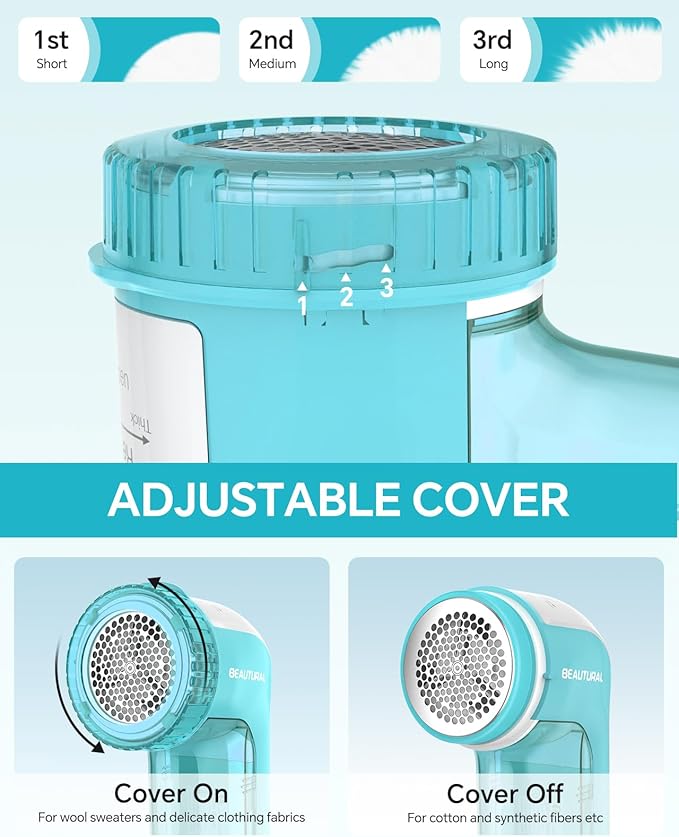 BEAUTURAL Fabric Shaver and Lint Remover, Sweater Defuzzer with 2-Speeds, 2 Replaceable Stainless Steel Blades, Battery Operated, Remove Clothes Fuzz, Lint Balls, Pills, Bobbles