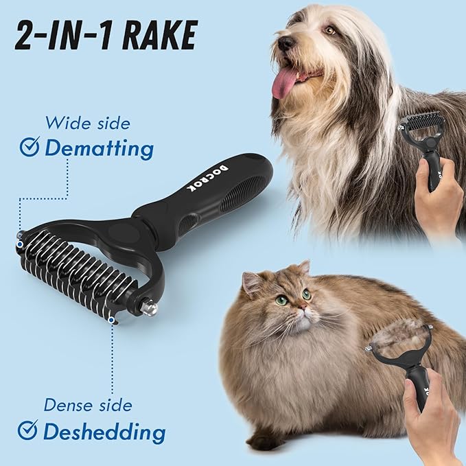 Docrok Pet Grooming Combo: Undercoat Rake, Dematting Deshedding Brush for Long-Haired Dogs and Cats, Black