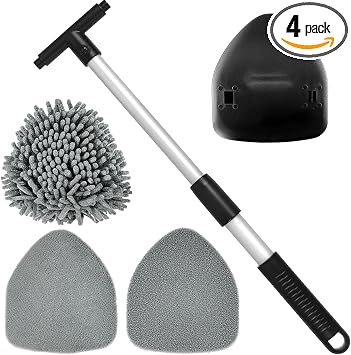 Windshield Cleaner Tool, Car Interior Window Cleaning Kit Including Extendable Handle & 3 Easy-to-Install Reusable Micro
