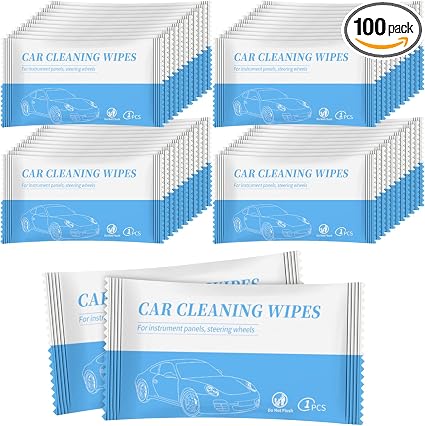 Car Cleaning Wipes, Set of 100 Individually Wrapped Wipes, Fast Cleaning for Car Window, Dashboard, Mirrors