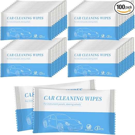 Car Cleaning Wipes, Set of 100 Individually Wrapped Wipes, Fast Cleaning for Car Window, Dashboard, Mirrors