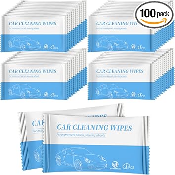 Car Cleaning Wipes, Set of 100 Individually Wrapped Wipes, Fast Cleaning for Car Window, Dashboard, Mirrors
