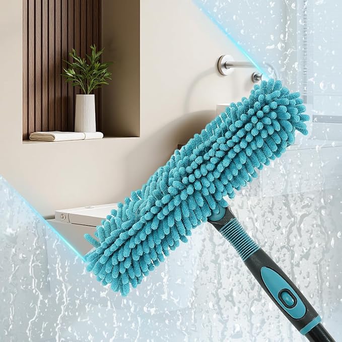 62" Window Squeegee, 2 in 1 Window Cleaning Tool with Telescopic Pole, Rotatable and Bendable Head for High Windows Indoor Outdoor, Includes 2 Blades & 2 Pads (Microfiber+Pads)