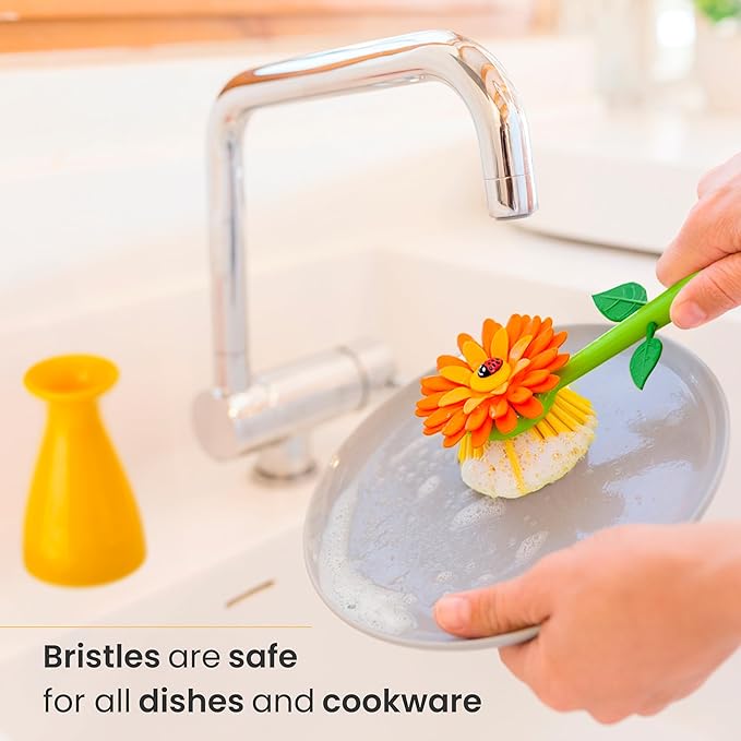 Vigar Flower Power Dish Brush with Handle and Vase Holder - Dish Scrub Brush for Dishes, Kitchen Scrub Brush, Dish Brush with Handle, Sink Cleaning Brush, Pot Scrubber, Dishwashing Brush - Orange